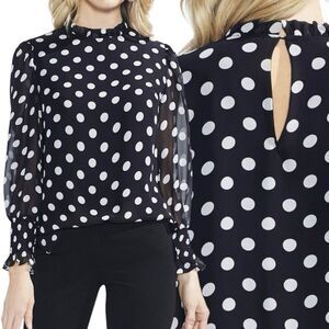 Vince Camuto Black White Sheer Polka Dot Top S Womens Balloon Sleeve High Neck